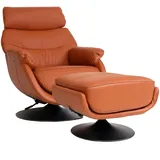 Mendler Relaxsessel mit Hocker HWC-K99, Fernsehsessel Sessel, Wippfunktion drehbar, Metall Echtleder/Kunstleder ~ braun