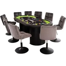 Home Deluxe - Pokertisch Mit 10 Stühlen Double Up - Tisch Mit Led Beleuchtung U. Getränkehalter, Maße: 215 X 106 X 78 Cm, Stuhlfarbe: Hellgrau I Spieltisch Poker Tisch Led-pokertisch Pokertisch Poker
