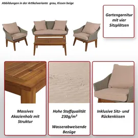 MCW Gartengarnitur MCW-N37, Garten-/Lounge-Set Sofa Sitzgruppe, Poly-Rattan Holz Akazie ~ grau, Kissen hellgrau