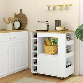 Homcom Küchenwagen Rollwagen mit Arbeitsplatte aus Holz, Ablagen, Weinregalen, Servierwagen, Küchenschrank auf Rollen mit Soft-Close-Scharnieren,