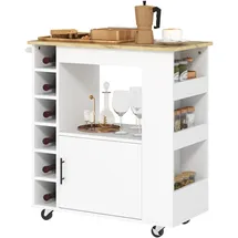 Homcom Küchenwagen Rollwagen mit Arbeitsplatte aus Holz, Ablagen, Weinregalen, Servierwagen, Küchenschrank auf Rollen mit Soft-Close-Scharnieren,