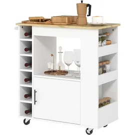 Homcom Küchenwagen Rollwagen mit Arbeitsplatte aus Holz, Ablagen, Weinregalen, Servierwagen, Küchenschrank auf Rollen mit Soft-Close-Scharnieren,