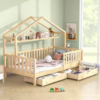 SOFTWEARY Kinderbett mit Lattenrost, Schubladen und Regal, 90x200 cm, Hausbett mit Rausfallschutz, Holzbett aus Kiefer, Einzelbett, Jugendbett, Stauraumbett - Naturbelassen
