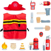 Einsatzset Holz Feuerwehrmann Spielset mit Feuerwehr Kostüm Kinder, Kappe 14 St.