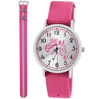 Pacific Time Kinder Armbanduhr Mädchen Junge Pferd Kinderuhr Set 2 Textil Armband rosa + rosa reflektierend analog Quarz 10560