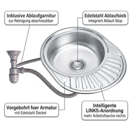MuCoLa Edelstahlspüle rund links Einbauspüle silberfarben Handbetätigung 570 x 450 mm