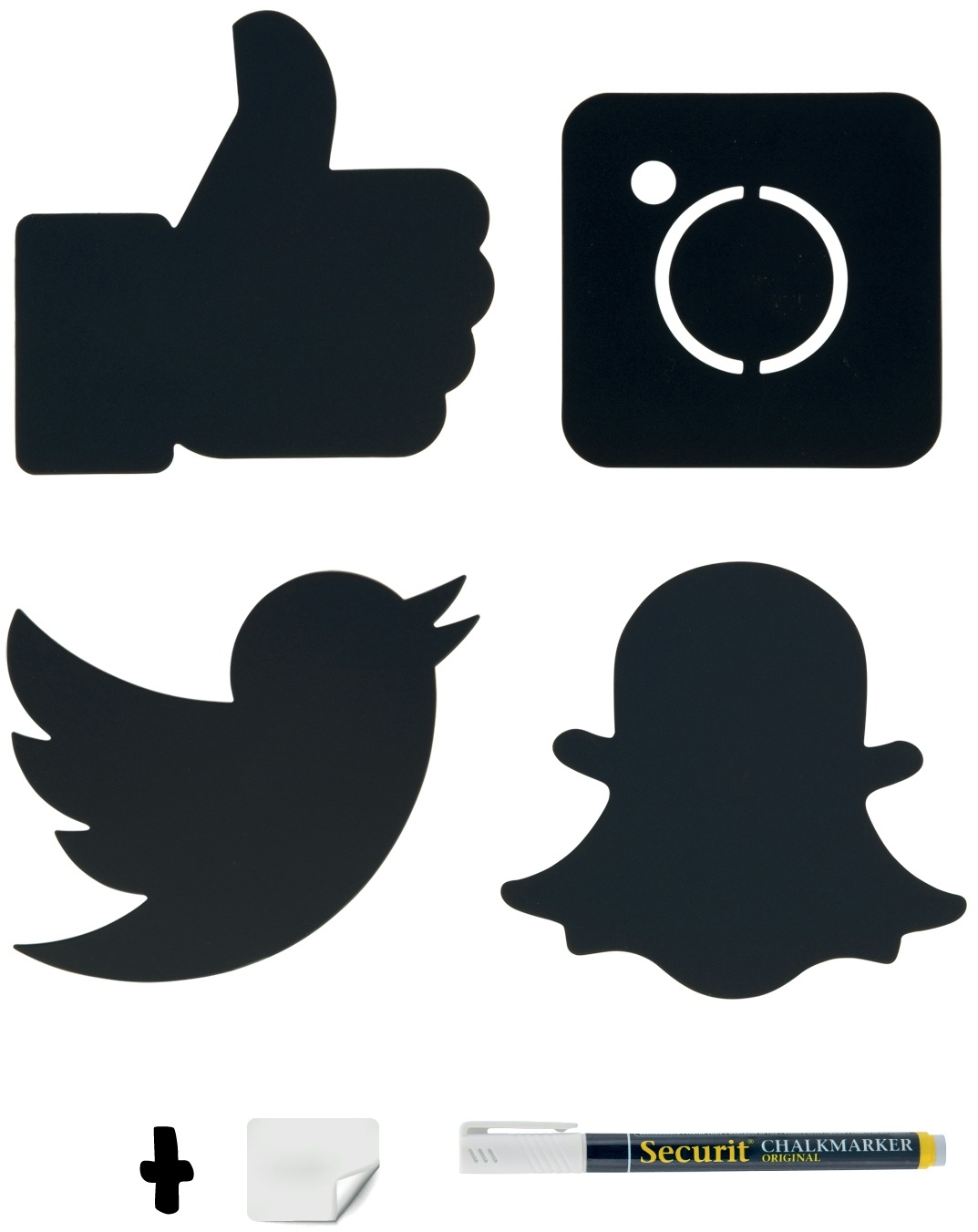 Securit® Silhouette Kreidetafeln "SOCIAL MEDIA", 4er-Set mit Facebook, Instagram, Twitter und Snap Chat, inkl. 1 Securit® Kreidestift & Wandmontageset