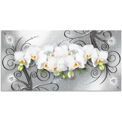 Wandbild ARTLAND "weiße Orchideen auf Ornamenten", grau (farbe bild(er): grau), B:60cm H:30cm, Bilder, als Alubild, Outdoorbild, Leinwandbild, Poster, Wandaufkleber