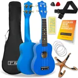 3rd Avenue Sopran-Ukulele mit 54 cm/21“, Anfängerset – Tasche, Ständer, Gurt, Saiten, Plektren und Griffbrett-Aufkleber – in Blau – KOSTENLOSE 1-monatige Online-Lektionen