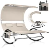 KESSER® Doppel-Sonnenliege Doppelliege mit Sonnendach, Kopfkissen Tasche für 2 Personen, Relaxliege, Gartenliege, Schaukelliege ergonomische Liegefläche, 240 kg Belastung, Seitentasche, Beige
