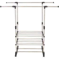 Relaxdays Kleiderständer, Doppelstange, 2 Ablagen, höhenverstellbar, mobil, L75-145xB42xH90-150 cm, Edelstahl, schwarz