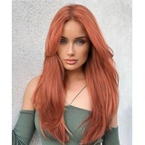 VEBONNY Kupferrote Bob Lace Perücke mit Pony, Synthetische Auburn Ginger Geschichtete Perücken für Frauen, Natürlich Gerade Klebstofffreie Schulterlange Lace Front Perücke, 16 Zoll VEBONNY-806