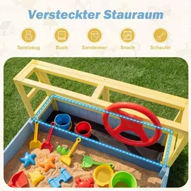 Fantask Holzsandkasten Feuerwehrauto mit Lenkrad und Sitzbank Blau/Gelb
