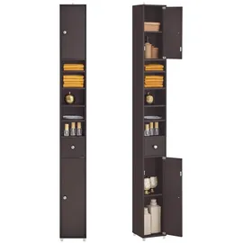 SoBuy Badzimmerschrank Schmal - Badezimmer Hochschrank aus Holz mit verstellbaren Einlegeböden - Wasserabweisender Badschrank - platzsparendes Badmöbel, Braun, 20x180x20cm, BZR34-II-BR