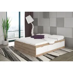 Stauraumbett FORTE "Vankka, viel Stauraum, skandinavisches Design", weiß (planken eiche, weiß), B:150,5cm H:42,5cm L:194,9cm, Betten, mit 3 Schubladen, weitere Produkte zur Serie erhältlich