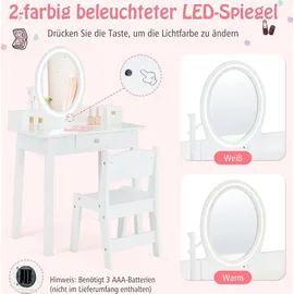 Costway 2 in 1 Kinder Schminktsich mit Hocker, Frisiertisch mit beleuchtetem Spiegel, Schublade & Schmuck-Organizer, Kosmetiktisch Prinzessin aus H... - Weiß