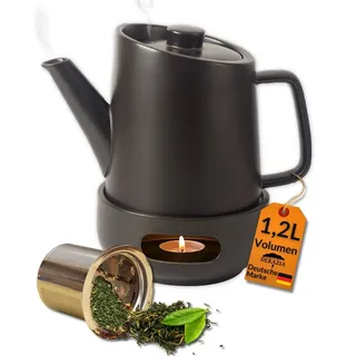 DEKAZIA Teekanne aus Keramik 1,2 L Volumen mit Stövchen für langanhaltend warmen Tee, (mit Stövchen und feinmaschigem Edelstahl Teesieb), inkl. Edelstahl Teesieb für losen Tee und Stövchen schwarz