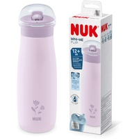 NUK Mini-Me Flip mit Strohhalm für Kleinkinder | ab 12 Monate | 500 ml | Edelstahl-Wasserflasche für Kinder | auslaufsichere stabile Trinköffnung | bruchsicher | lila Blume