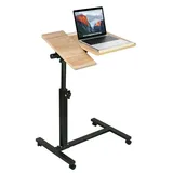 Rollbarer Laptop-Tisch - Höhenverstellbarer Computertisch - L-Form - 65–95 cm Höhe - Betttisch auf Rollen - Metallgestell - Naturholzfarbe
