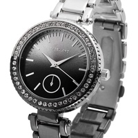 Damenuhr Armbanduhr Quarz edel Bicolor Schwarz Silber kleine Steinchen 150112