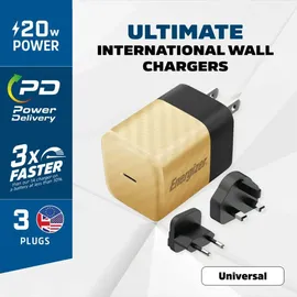 Energizer ENERGIZER, GaN 4A USB-C 20W Netzladegerät mit EU/UK/US Steckdosen, Schwarz / Gold - Bunt