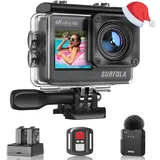 Surfola Action Cam 4K 60FPS Unterwasserkamera, WiFi, 40M wasserdichte Kamera, 170° Einstellbarer Weitwinkel, EIS Helmkamera, Dual-Screen-Camcorder mit kabellosem Mikrofon und 2 Batterien