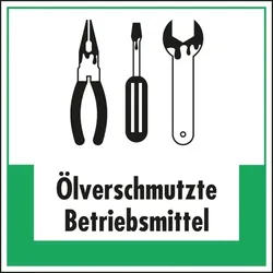 Aufkleber I Abfallkennzeichen Ölverschmutzte Betriebsmittel, Symbol und Text, Folie, 200x200mm