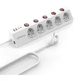 5 Fach Steckdosenleiste mit USB Einzeln Schaltbar, Weiße Mehrfachsteckdose (3680W/16A) mit 2 USB-C und 2 USB-A, Schnelllade, Überspannungsschutz Steckerleiste mit Kindersicherung für Homeoffice