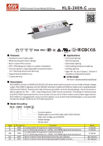 Mean Well HLG-240H-C1400A LED-Treiber Konstantstrom 250.6W 700 - 1400mA 89 - 179 V/DC Montage auf en