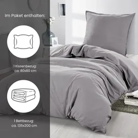 Wometo Bettwäsche Renforce Stone-Washed 135x200 & 80x80 100% Baumwolle - grau OEKO-TEX modern Used-Look Leinen-Optik