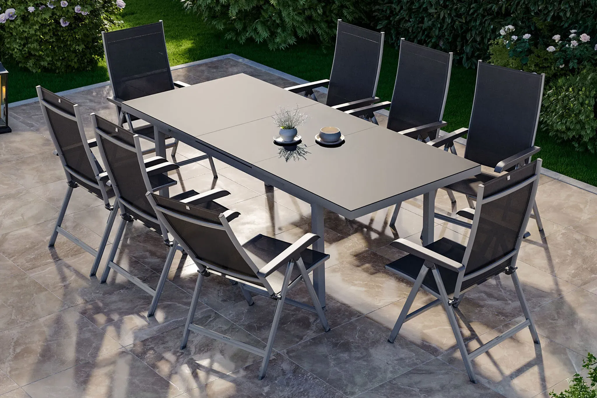 KETTLER BasicPlus Garten-Essgruppe, silber, Alu/Textilene, Tisch 180/240x100cm, 8 Multipositionssessel