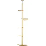 PawHut Kratzbaum, Katzenkratzbaum Deckenhoch, 230-250 cm, Kletterbaum mit Hängematte, Katzenbaum Höhenverstellbar, Spielbaum mit Kippschutz, Plüsch, Eiche+Cremeweiß   Aosom