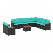 vidaXL 11-teiliges Gartensofa-Set mit Kissen, schwarzes Polyrattan - Schwarz
