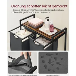 Songmics VASAGLE Wäschekorb 2 Fächer, mit Ablage, Wäschebox, Wäschesack aus Oxford-Gewebe ausziehbar abnehmbar, 2 x 46 L - Grau