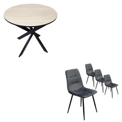 SKRAUT HOME Möbelset, 4er-Pack Esszimmerstühle, Gepolsterter Stuhl, Stuhl, Fester runder Tisch, Eiche/Schwarz, Schwarze Beine - 2012_1145