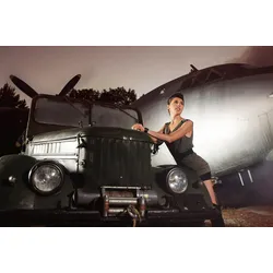 Fototapete PAPERMOON "JEEP-FLUGZEUG VINTAGE RETRO AUTO OLDTIMER MODEL USA", bunt, B:3,50m L:2,60m, Vlies, Tapeten