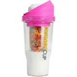 CrunchCup Tragbarer Müslibecher aus Kunststoff für das Frühstück unterwegs, Müsli- und Milchbecher für dein Lieblings-Frühstücks-Müsli, kein Löffel oder Schüssel erforderlich, Größe XL, Pink