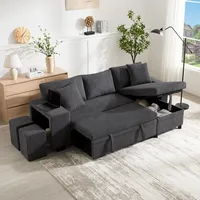 Merax Ecksofa mit Schlaffunktion, Bettkasten, 3-Sitzer L-Form Schlafsofa, USB, Typ-C Ladeanschluss, Regal, 2 Stuhlsitze, Cord Sofa, Umbausofa, Grau - Grau