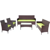 3-2-1-1 Poly-Rattan Garten-Garnitur Halden, Lounge-Set Sitzgruppe Sofa braun-meliert, Kissen grün - Braun