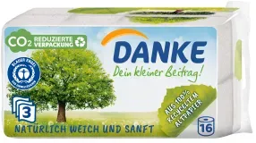 Danke Toilettenpapier aus 100 % Recyclingpapier, 3-lagig, naturweiß, 1 Packung = 16 Rollen à 150 Blatt