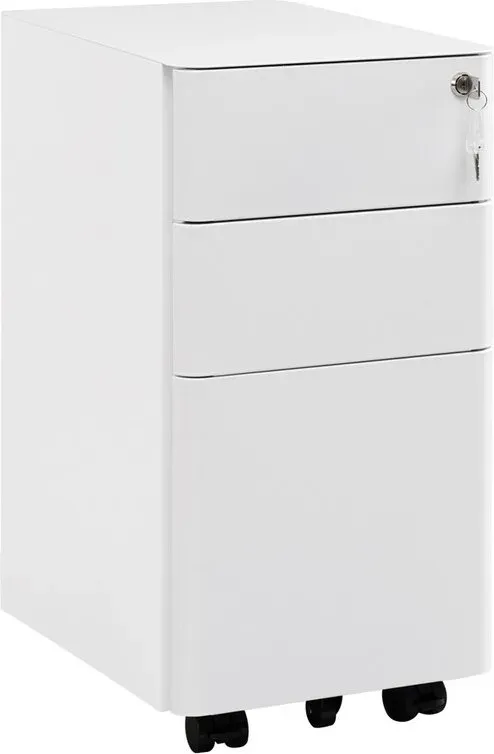 WOLTU Mobiler Büroschubladenschrank, 3-Schubladen-Aktenschrank mit Rollen, Metallorganizer mit Schloss und Schlüssel für Briefe und Dokumente, Weiß, 30x45x60 cm, ASK10ws