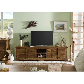 Massivmoebel24 Rodez TV-Lowboard 220x45x60 cm Dunkelbraun Geölt Holz, Metall, Massivholz