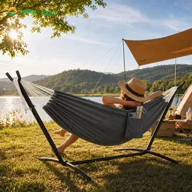Sekey Hängematte mit Gestell Höhenverstellbare Doppelhängematte bis 200 kg Belastbar mit Tragetasche für Garten, Balkon und Terrasse Indoor & O... - Grau