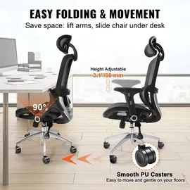 Vevor Bürostuhl Ergonomisch, Schreibtischstuhl mit Verstellbarer Kopfstütze 80 mm, mit Armlehnen Lendenwirbelstütze, Drehstuhl Wippfunktion, Chefsessel aus Mesh, Rückenschonend, Bürostuhl 130 kg