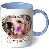 Personalisierte Tasse mit Hundebild - Hunde Tasse mit Foto bedrucken - Hundemama Hundepapa Fototasse mit Bild personalisieren - Kaffeebecher selbst gestalten (Weiß - Mittelblau mit Bild42)