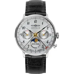 Zeppelin Damenuhr LZ 129 Hindenburg Mondphase 70371 - Silbernes Ziffernblatt mit schwarzen Zahlen/Indices,graue Naht,schwarz - 36mm