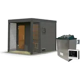 Woodfeeling Karibu Saunahaus Ares 2 - Hybridhaus mit Metallrahmen - 38 mm terragrau Blech-Ausführung: anthrazit 9 kW Ofen inkl. Steuergerät inkl. 8-teiligem gratis Zubehörpaket (Gesamtwert 191,92€)