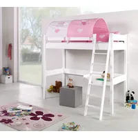 Hochbett RENATE Buche massiv weiß lackiert, mit Schreibtisch und Tunnel