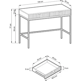 Feldmann-Wohnen Schreibtisch Nova (Metallgestell, 2 Schubladen, klare Kanten, geradliniges Design, 1-St., Riffel-Optik Front, goldfarbene Metallgriffe, ABS-Kanten), 104x50x78cm, Fronten mit ausdrucksstarkem geriffelten Muster schwarz