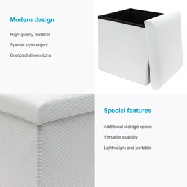Intirilife Faltbarer Sitzhocker 38 x 38 x 38 cm in WEIß - Sitzwürfel mit Stauraum und Deckel aus Stoff in Cord Optik - Sitzcube Fußablage Aufbewahrungsbox Truhe Sitzbank